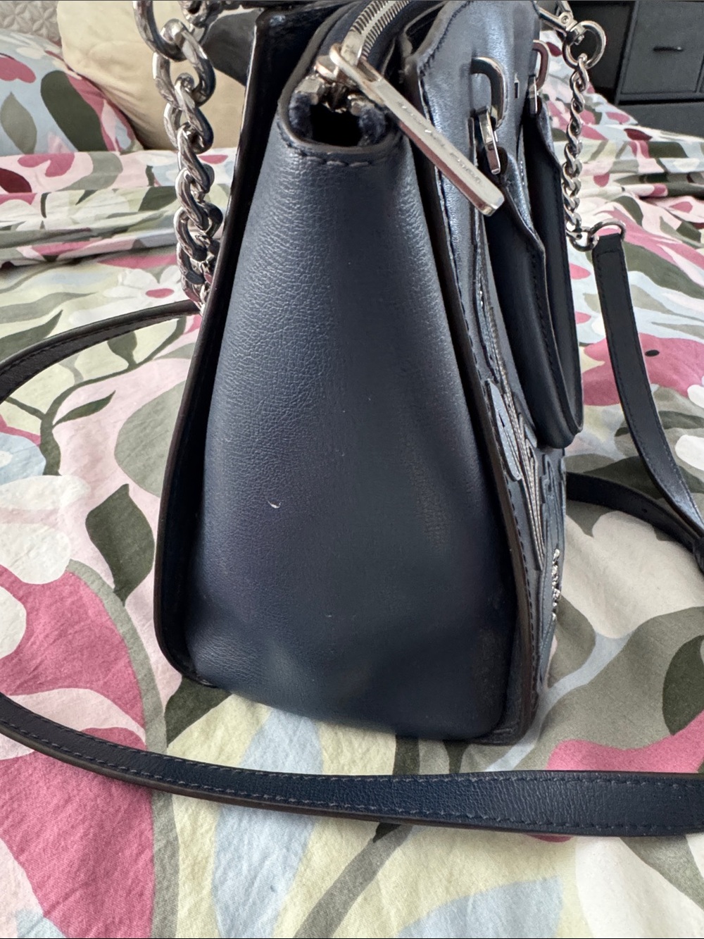Michael Kors Navy Floral Applique Satchel with Gray and Tan Accents - Picture 5 of 7